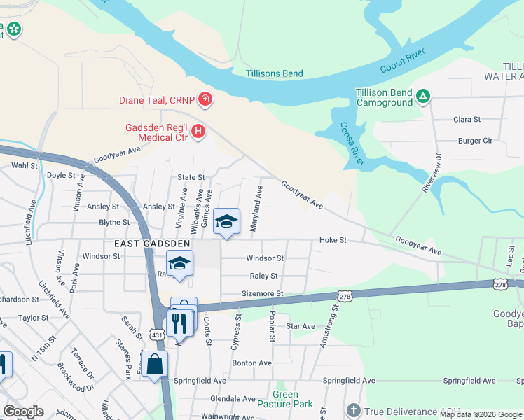 map of restaurants, bars, coffee shops, grocery stores, and more near 912 Maryland Avenue in Gadsden