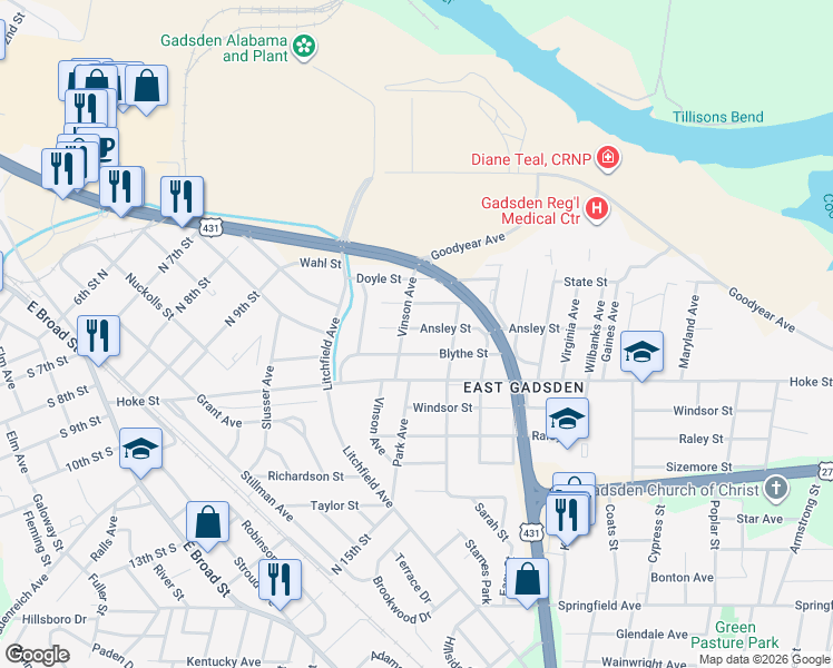 map of restaurants, bars, coffee shops, grocery stores, and more near 605 Polk Street in Gadsden