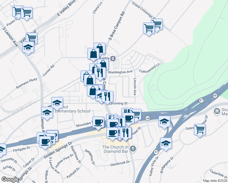 map of restaurants, bars, coffee shops, grocery stores, and more near 838 Silver Fir Road in Walnut