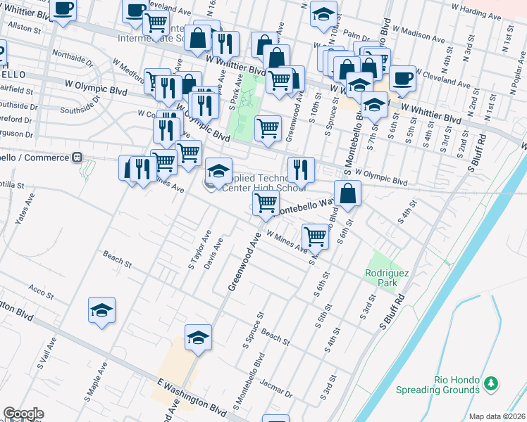 map of restaurants, bars, coffee shops, grocery stores, and more near 552 Calle Estrella in Montebello