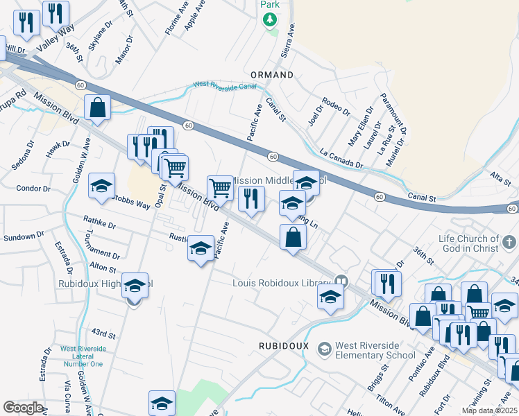 map of restaurants, bars, coffee shops, grocery stores, and more near 6045 Mission Boulevard in Riverside