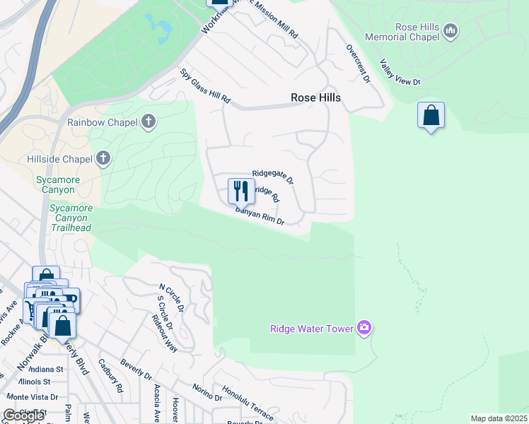 map of restaurants, bars, coffee shops, grocery stores, and more near 11635 Banyan Rim Drive in Whittier