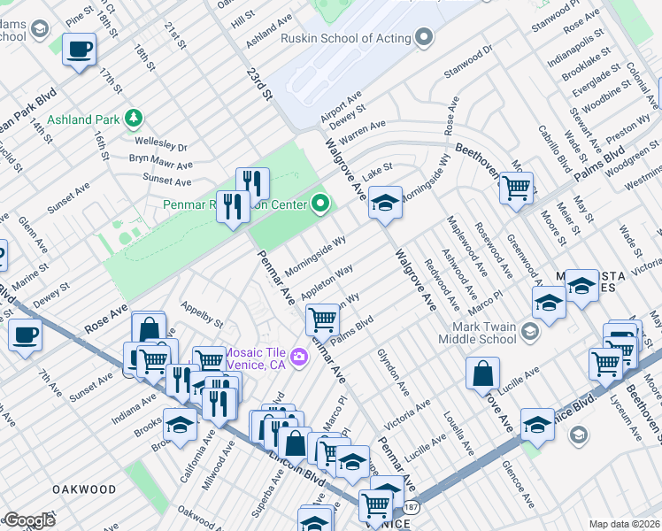 map of restaurants, bars, coffee shops, grocery stores, and more near 1328 Morningside Way in Los Angeles