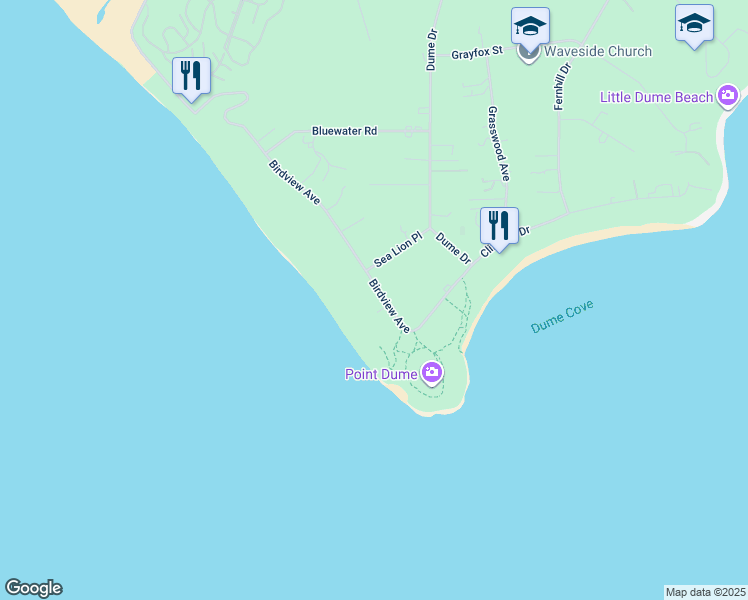 map of restaurants, bars, coffee shops, grocery stores, and more near 7335 Birdview Avenue in Malibu