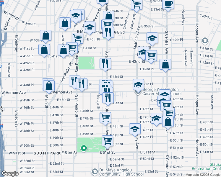 map of restaurants, bars, coffee shops, grocery stores, and more near 633 East 43rd Place in Los Angeles