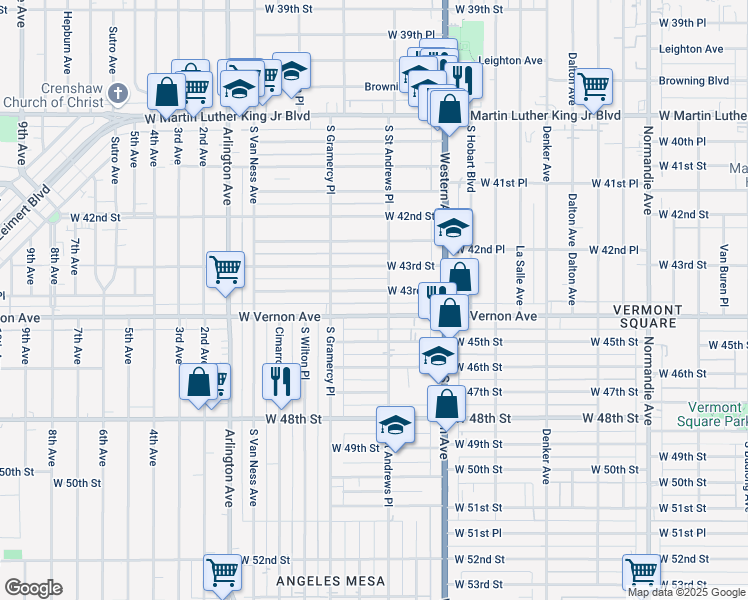 map of restaurants, bars, coffee shops, grocery stores, and more near 1816 West 43rd Place in Los Angeles