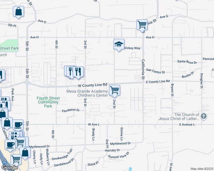 map of restaurants, bars, coffee shops, grocery stores, and more near 223 West County Line Road in Yucaipa