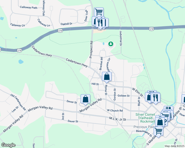 map of restaurants, bars, coffee shops, grocery stores, and more near 1027 Cedartown Highway in Rockmart