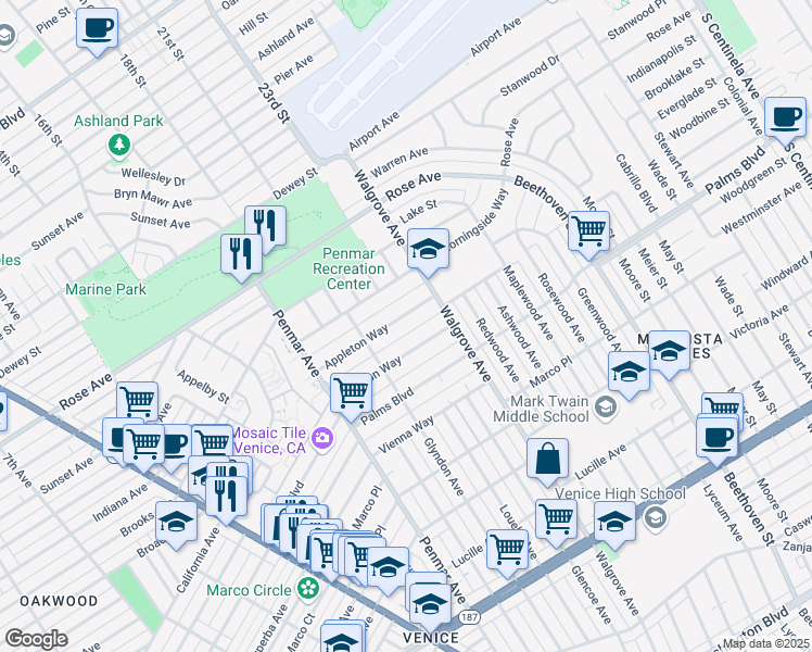 map of restaurants, bars, coffee shops, grocery stores, and more near 1348 Appleton Way in Los Angeles