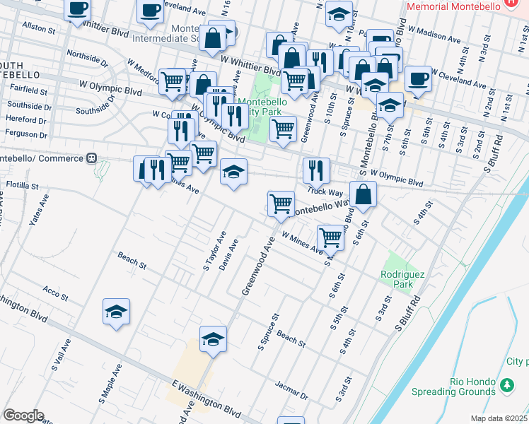 map of restaurants, bars, coffee shops, grocery stores, and more near 525 South Greenwood Avenue in Montebello