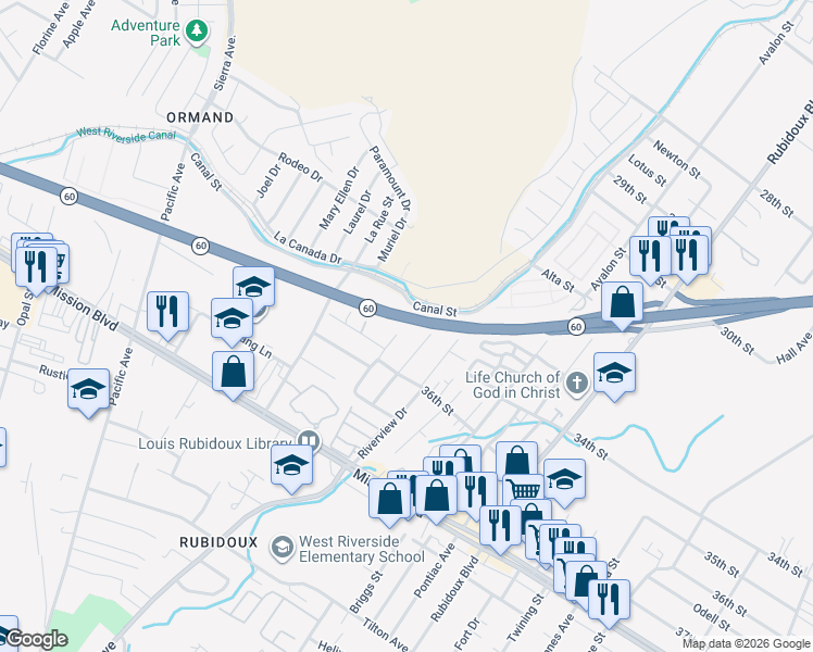 map of restaurants, bars, coffee shops, grocery stores, and more near 3350 Jennie Street in Riverside