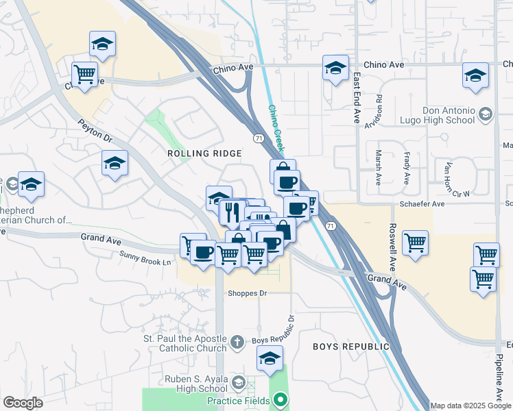 map of restaurants, bars, coffee shops, grocery stores, and more near 3417 Royal Ridge Road in Chino Hills