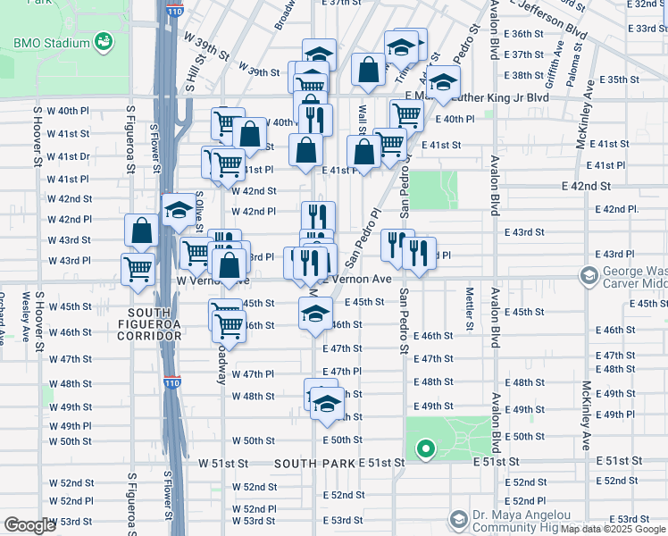 map of restaurants, bars, coffee shops, grocery stores, and more near 4322 South Main Street in Los Angeles