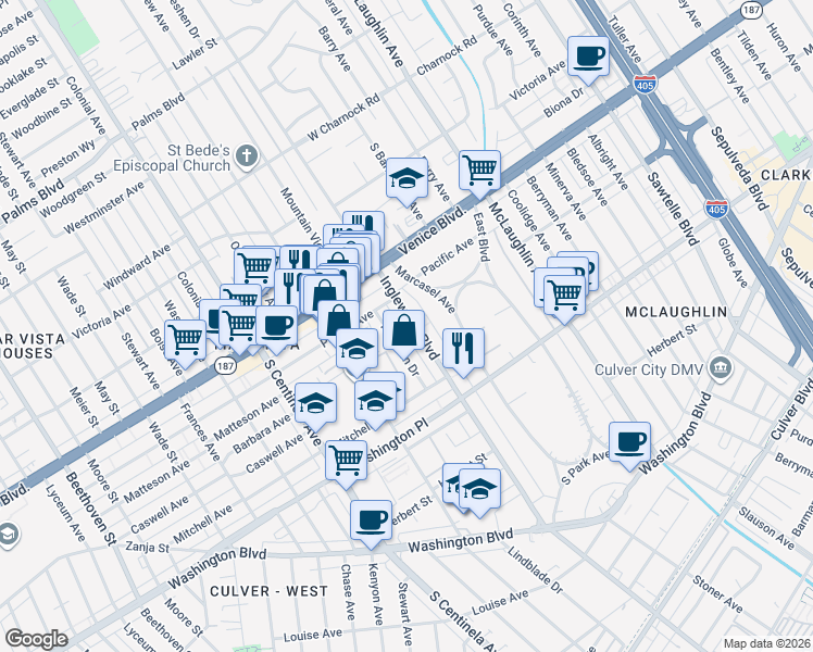 map of restaurants, bars, coffee shops, grocery stores, and more near 3845 Inglewood Boulevard in Los Angeles