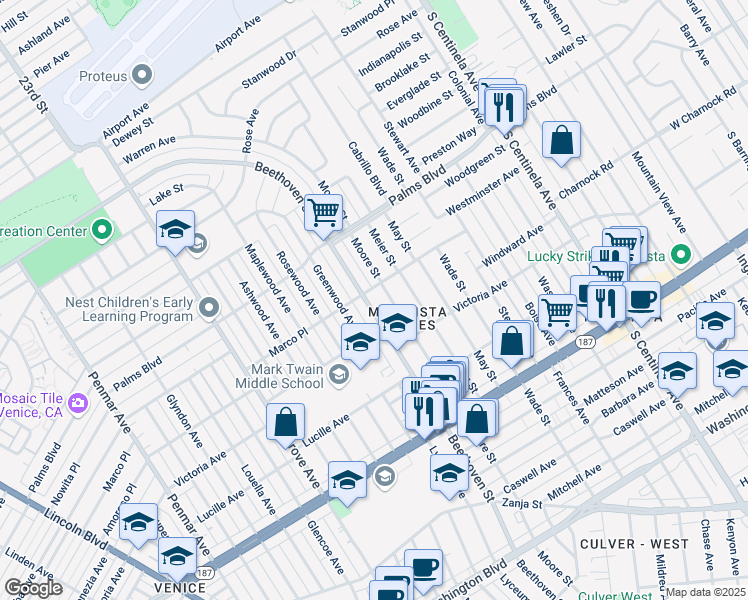 map of restaurants, bars, coffee shops, grocery stores, and more near 3559 Moore Street in Los Angeles