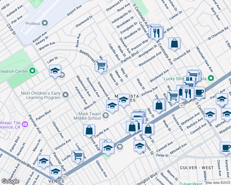 map of restaurants, bars, coffee shops, grocery stores, and more near 3559 Moore Street in Los Angeles