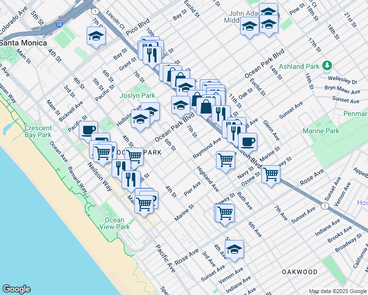 map of restaurants, bars, coffee shops, grocery stores, and more near 642 Copeland Court in Santa Monica