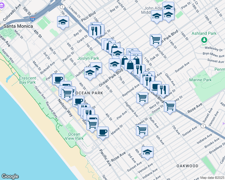 map of restaurants, bars, coffee shops, grocery stores, and more near 642 Copeland Court in Santa Monica