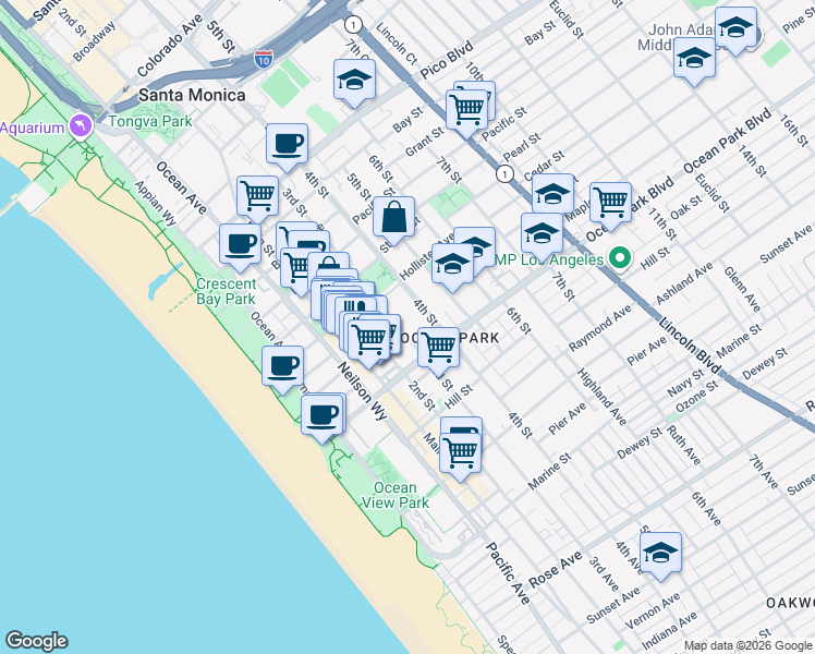 map of restaurants, bars, coffee shops, grocery stores, and more near 2411 3rd Street in Santa Monica