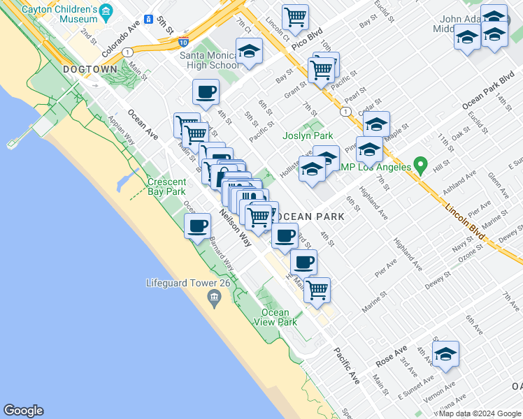 map of restaurants, bars, coffee shops, grocery stores, and more near 239 Hollister Avenue in Santa Monica