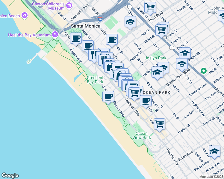 map of restaurants, bars, coffee shops, grocery stores, and more near 126 Pacific Street in Santa Monica