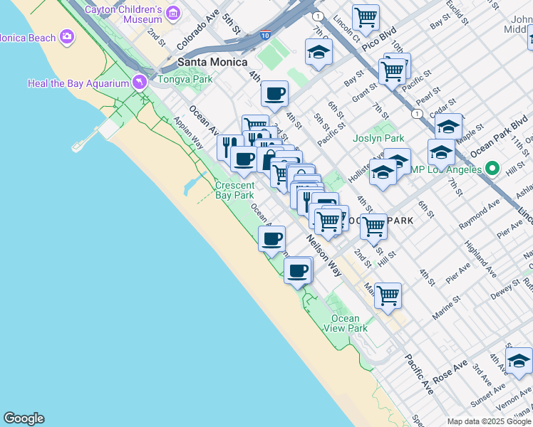 map of restaurants, bars, coffee shops, grocery stores, and more near 126 Pacific Street in Santa Monica