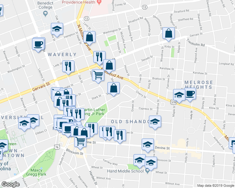 map of restaurants, bars, coffee shops, grocery stores, and more near 918 Short Street in Columbia