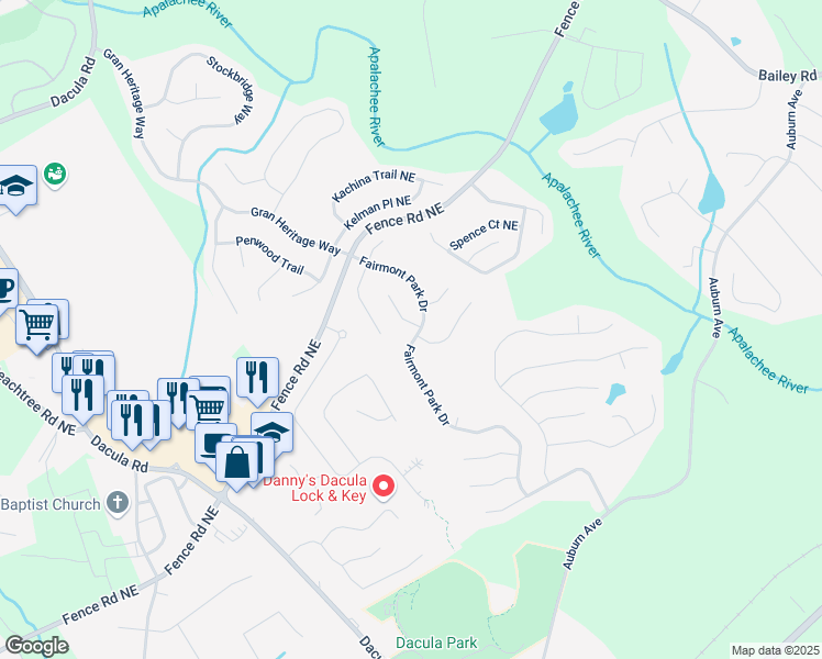 map of restaurants, bars, coffee shops, grocery stores, and more near 942 Fairmont Park Drive in Dacula
