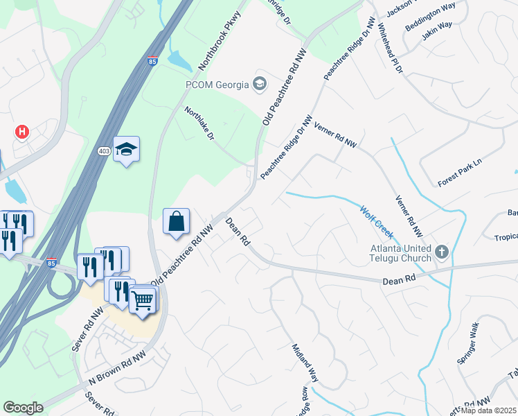 map of restaurants, bars, coffee shops, grocery stores, and more near 2451 Birkhall Way Northwest in Lawrenceville
