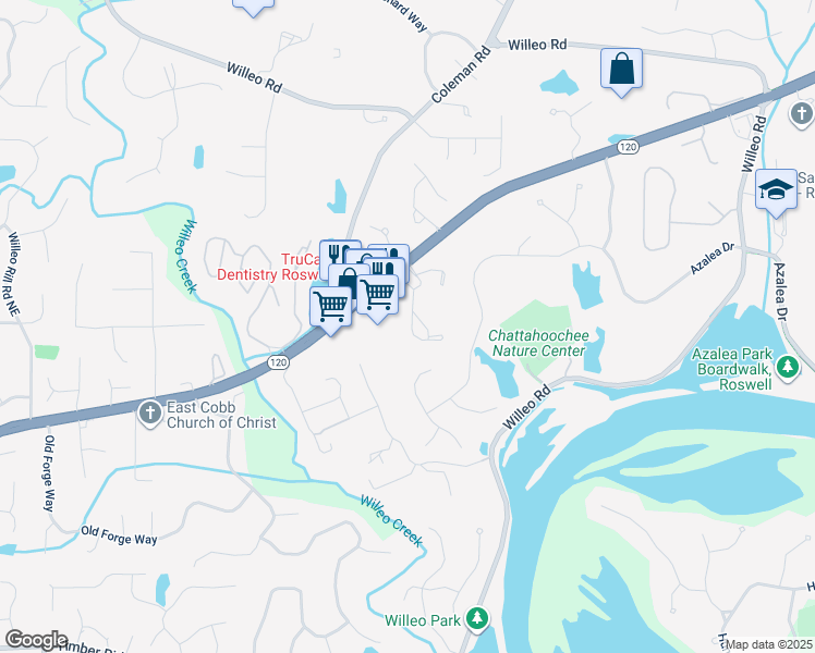 map of restaurants, bars, coffee shops, grocery stores, and more near 2028 Merrimont Way in Roswell