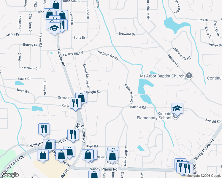 map of restaurants, bars, coffee shops, grocery stores, and more near 1061 Powell Wright Road in Marietta