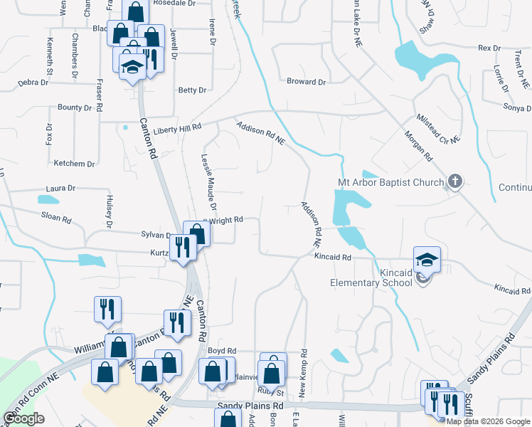 map of restaurants, bars, coffee shops, grocery stores, and more near 1061 Powell Wright Road in Marietta