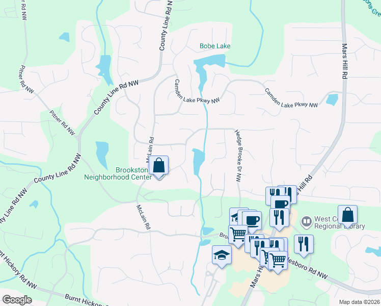 map of restaurants, bars, coffee shops, grocery stores, and more near 5570 Hedge Brooke Drive Northwest in Acworth