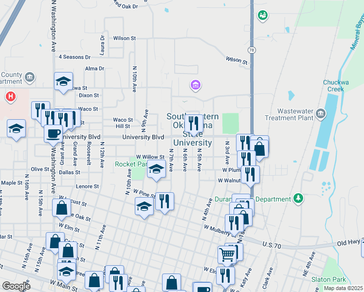 map of restaurants, bars, coffee shops, grocery stores, and more near 1335 North 6th Avenue in Durant