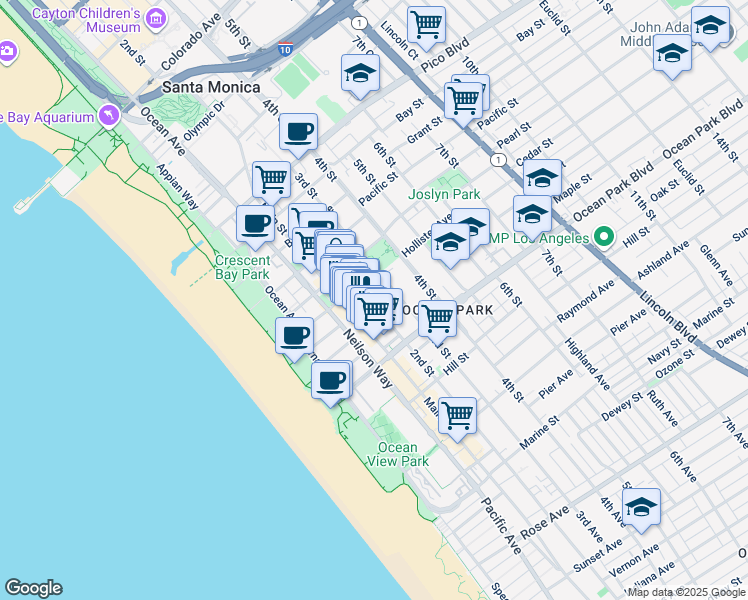 map of restaurants, bars, coffee shops, grocery stores, and more near 2411 2nd Street in Santa Monica