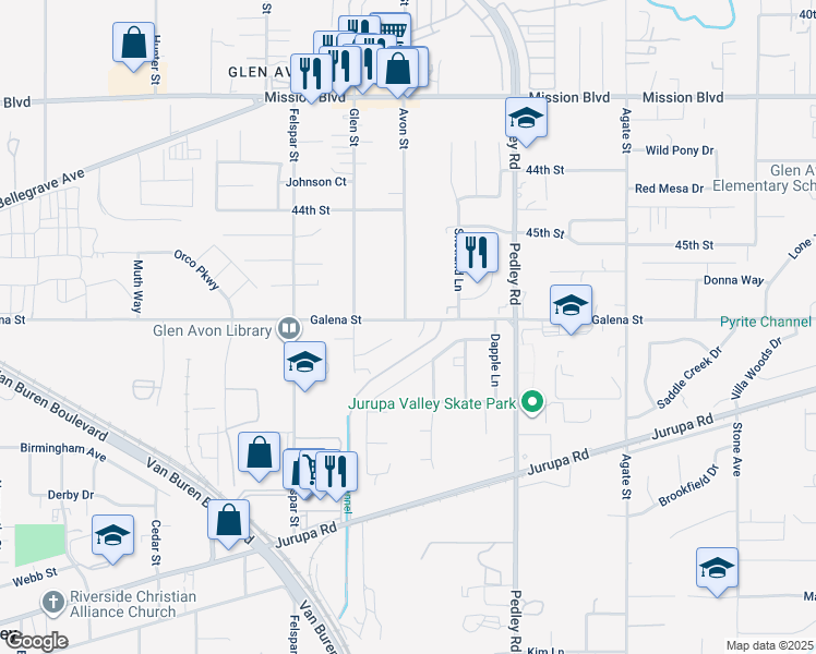 map of restaurants, bars, coffee shops, grocery stores, and more near 8990 Galena Street in Riverside