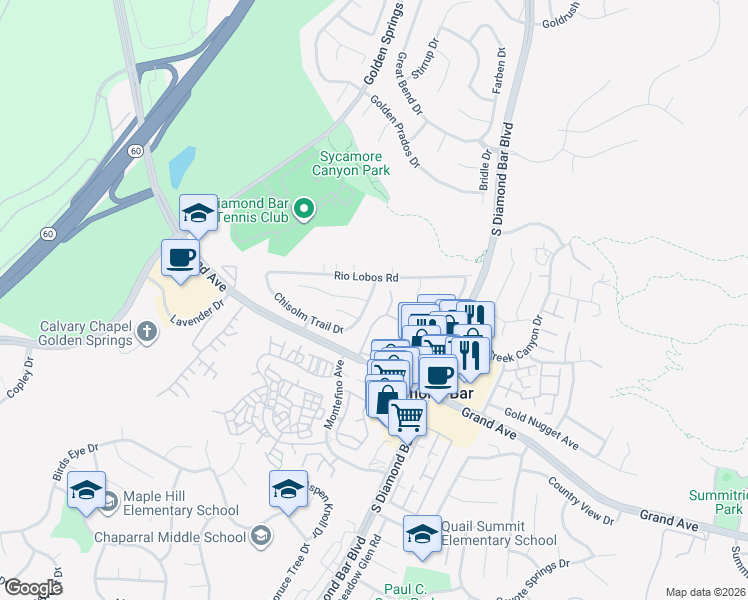 map of restaurants, bars, coffee shops, grocery stores, and more near 23010 Rio Lobos Road in Diamond Bar