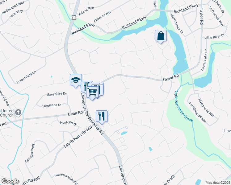 map of restaurants, bars, coffee shops, grocery stores, and more near 488 Taylor Road in Suwanee