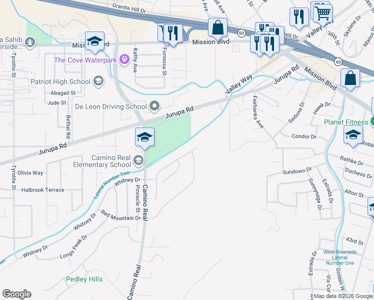 map of restaurants, bars, coffee shops, grocery stores, and more near 4643 Ridge Point Way in Riverside