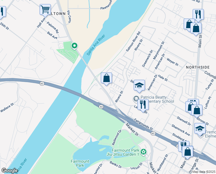 map of restaurants, bars, coffee shops, grocery stores, and more near 1919 Atlas Drive in Riverside