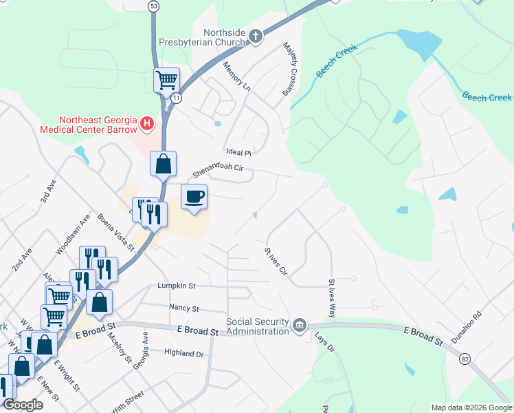 map of restaurants, bars, coffee shops, grocery stores, and more near 190 Shenandoah Drive in Winder
