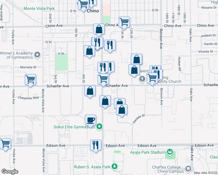 map of restaurants, bars, coffee shops, grocery stores, and more near 5345 Schaefer Avenue in Chino