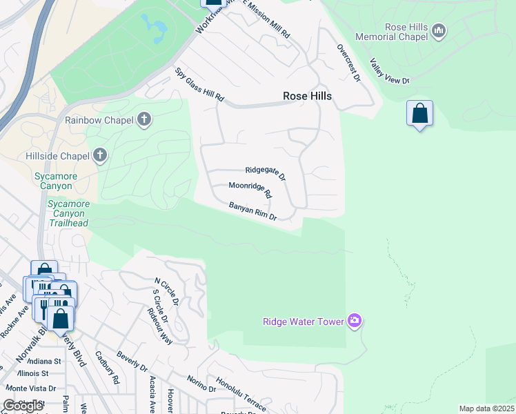 map of restaurants, bars, coffee shops, grocery stores, and more near 11635 Banyan Rim Drive in Whittier