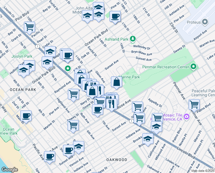 map of restaurants, bars, coffee shops, grocery stores, and more near 1128 Marine Street in Santa Monica