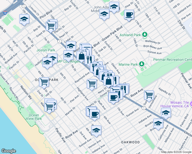 map of restaurants, bars, coffee shops, grocery stores, and more near 810 Ashland Avenue in Santa Monica