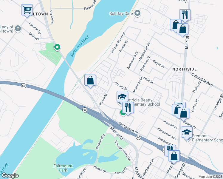 map of restaurants, bars, coffee shops, grocery stores, and more near 4454 Strong Street in Riverside