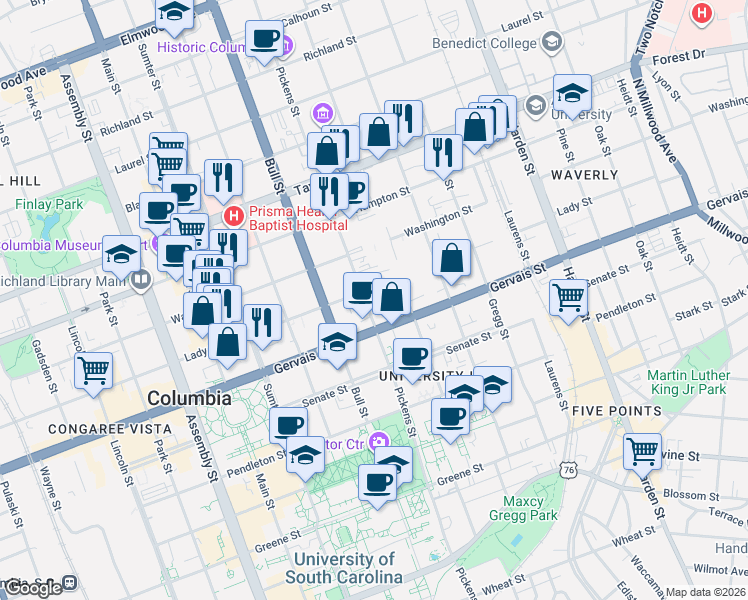map of restaurants, bars, coffee shops, grocery stores, and more near 1300 Pickens Street in Columbia
