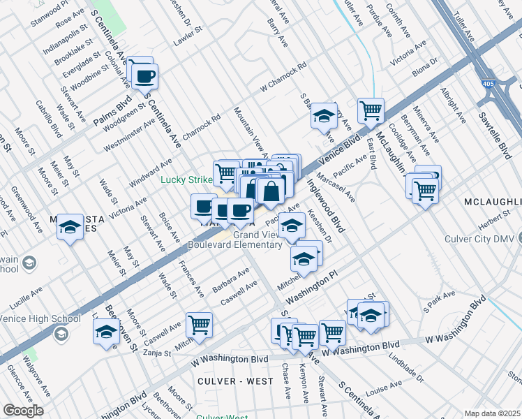 map of restaurants, bars, coffee shops, grocery stores, and more near 12218 Venice Boulevard in Los Angeles