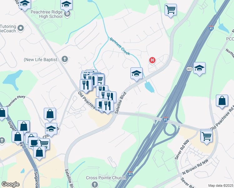 map of restaurants, bars, coffee shops, grocery stores, and more near 1475 Satellite Boulevard Northwest in Suwanee