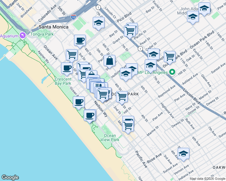 map of restaurants, bars, coffee shops, grocery stores, and more near 2411 3rd Street in Santa Monica